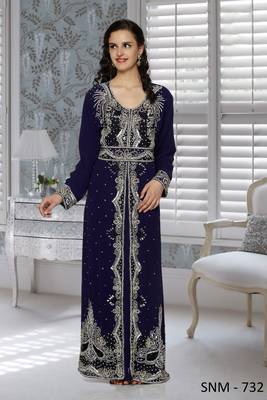 Navy Blue Embroidered Faux Georgette Stitched Islamic Kaftans 1