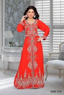Red Embroidered Faux Georgette Stitched Islamic Kaftans 1