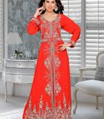 Red Embroidered Faux Georgette Stitched Islamic Kaftans