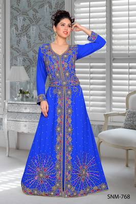 Blue Embroidered Faux Georgette Stitched Islamic Kaftans 1