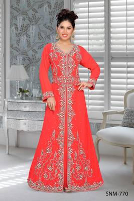 Coral Embroidered Faux Georgette Stitched Islamic Kaftans 1