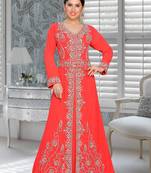 Coral Embroidered Faux Georgette Stitched Islamic Kaftans