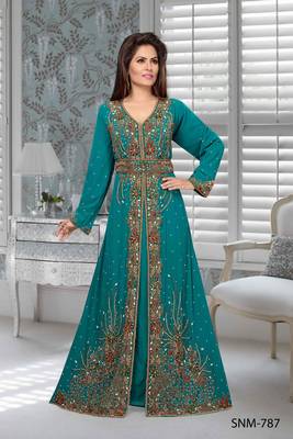 Teal Embroidered Faux Georgette Stitched Islamic Kaftans 1