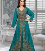 Teal Embroidered Faux Georgette Stitched Islamic Kaftans