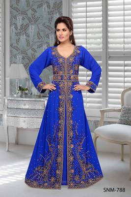 Royal Blue Embroidered Faux Georgette Stitched Islamic Kaftans 1