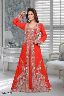 Orange Embroidered Faux Georgette Stitched Islamic Kaftans 1