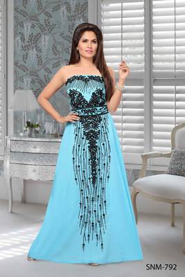 Blue Embroidered Faux Georgette Stitched Fustan 1