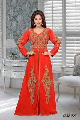 Orange Embroidered Faux Georgette Stitched Islamic Kaftans 1