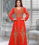 Orange Embroidered Faux Georgette Stitched Islamic Kaftans