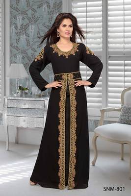 Black Embroidered Faux Georgette Stitched Islamic Kaftans 1
