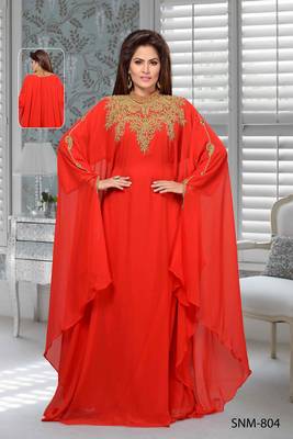 Red Embroidered Faux Georgette Stitched Farasha 1