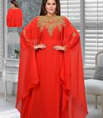 Red Embroidered Faux Georgette Stitched Farasha