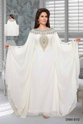 Off White Embroidered Faux Georgette Stitched Farasha 1