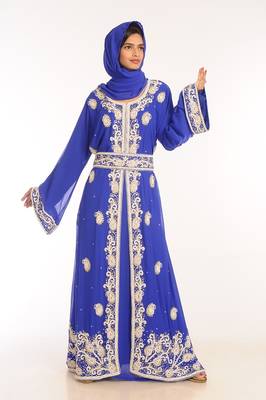 Royal Blue Georgette Hand Woven Stitched Islamic Kaftans 3