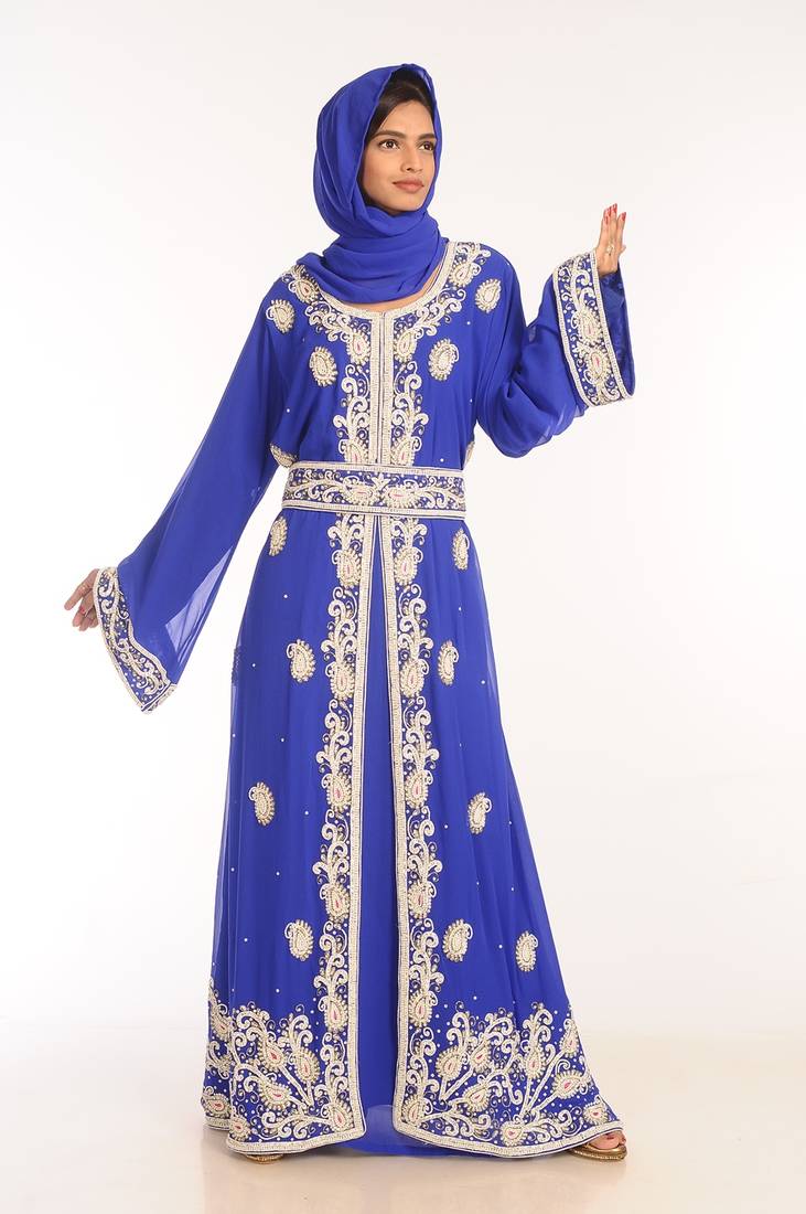 Royal Blue Georgette Hand Woven Stitched Islamic Kaftans