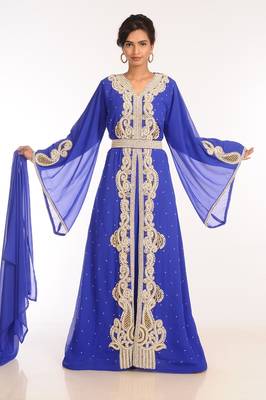 Royal Blue Georgette Hand Woven Stitched Islamic Kaftans 3