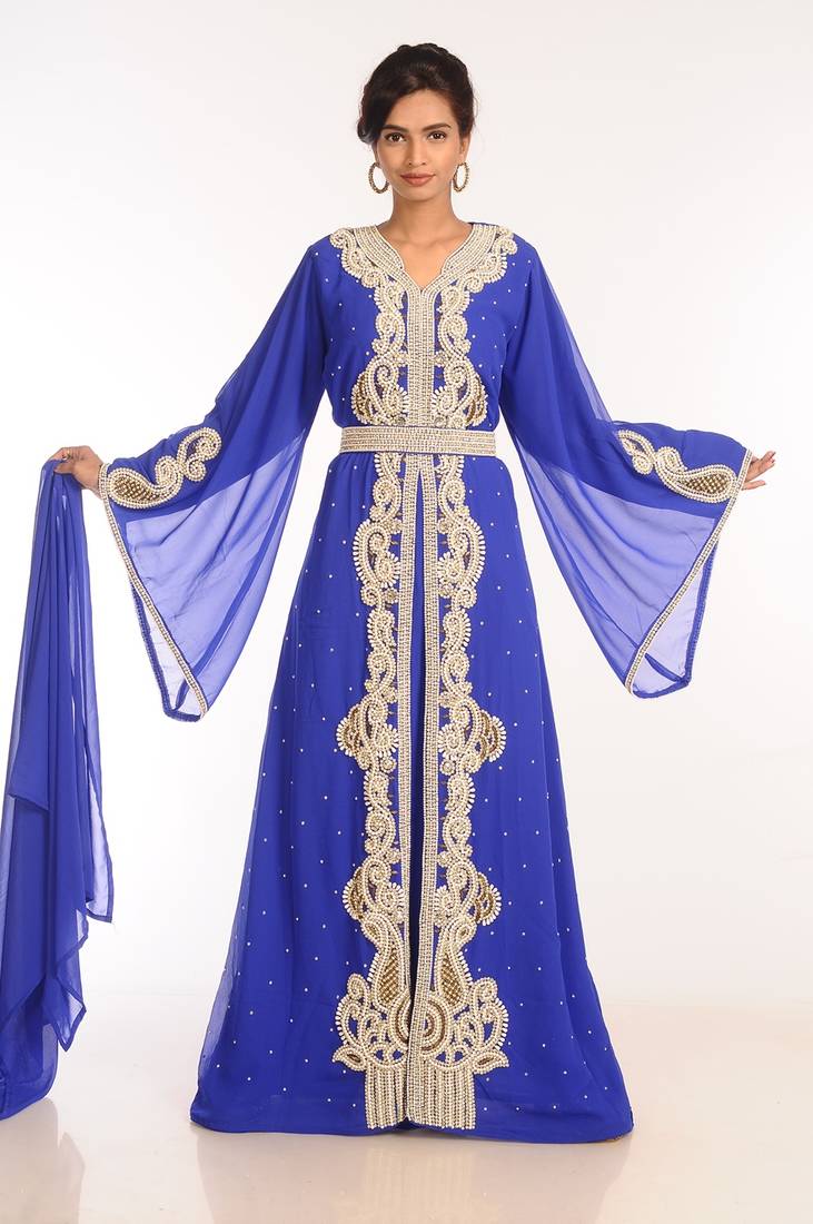 Royal Blue Georgette Hand Woven Stitched Islamic Kaftans
