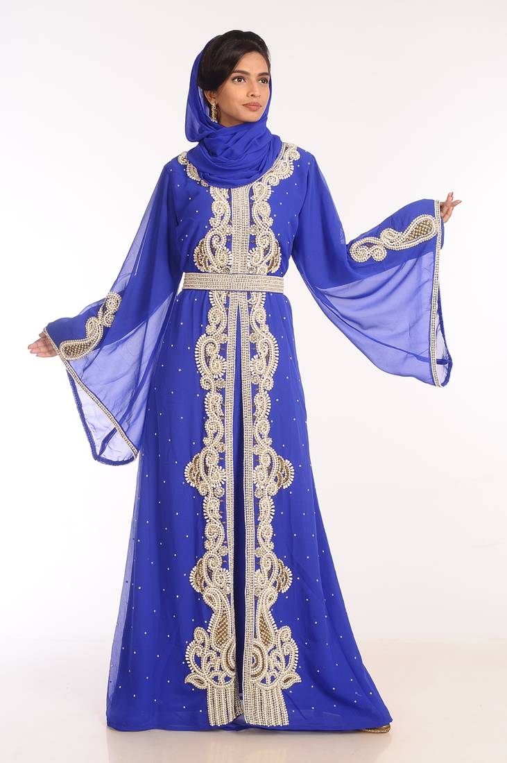 Royal Blue Georgette Hand Woven Stitched Islamic Kaftans