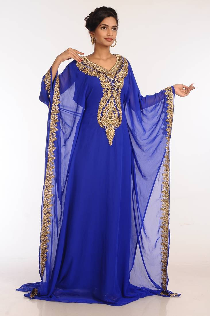 Royal Blue Georgette Hand Woven Stitched Islamic Kaftans