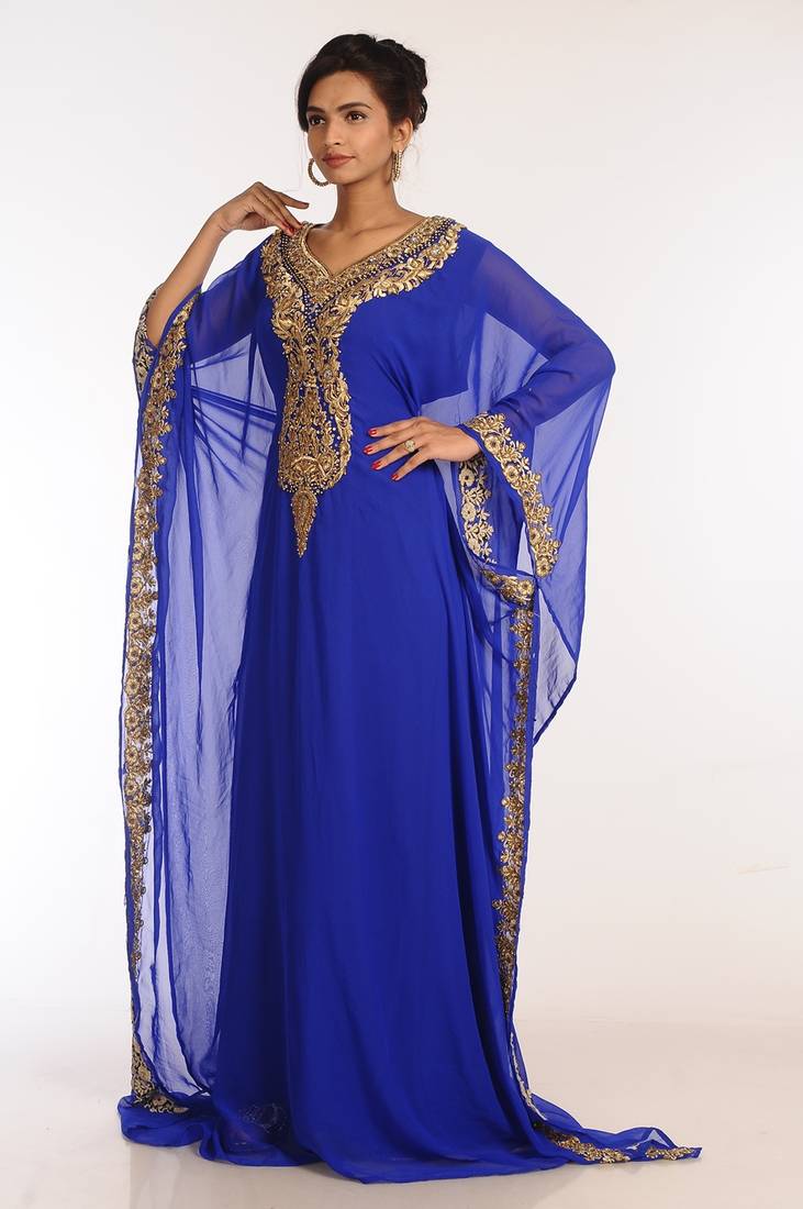 Royal Blue Georgette Hand Woven Stitched Islamic Kaftans