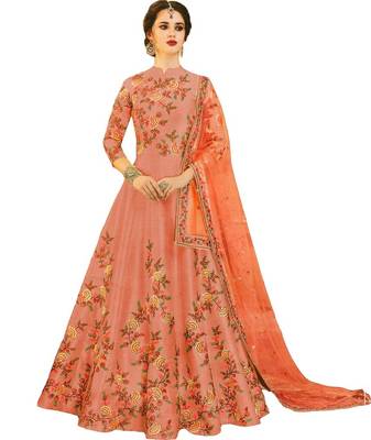 Peach embroidered silk Anarkali Suit 1