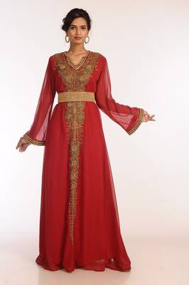 Maroon Georgette Hand Woven Stitched Islamic Kaftans 1