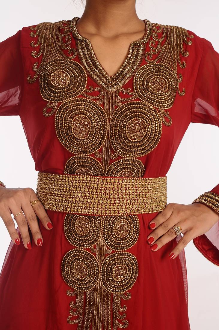 Maroon Georgette Hand Woven Stitched Islamic Kaftans