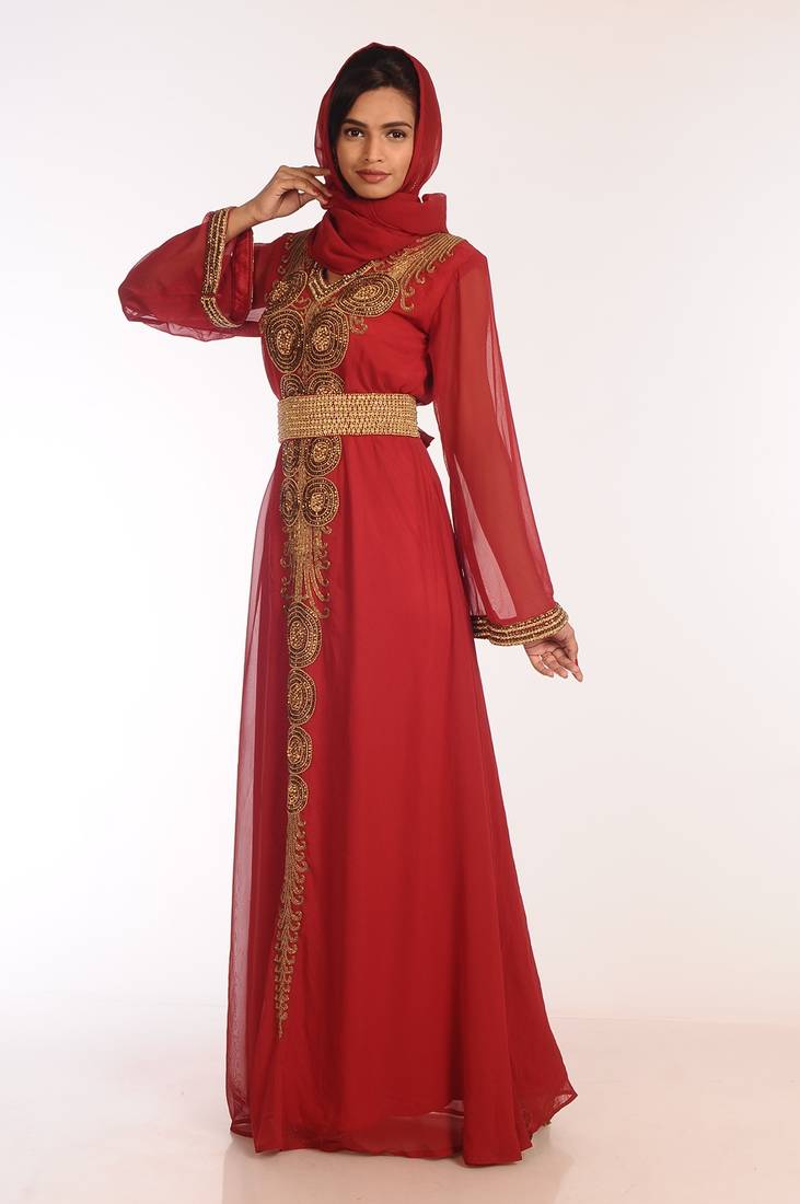 Maroon Georgette Hand Woven Stitched Islamic Kaftans