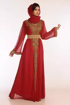 Maroon Georgette Hand Woven Stitched Islamic Kaftans
