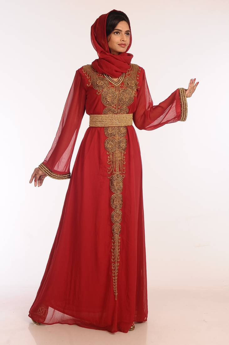 Maroon Georgette Hand Woven Stitched Islamic Kaftans