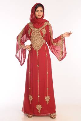 Maroon Georgette Hand Woven Stitched Islamic Kaftans 1