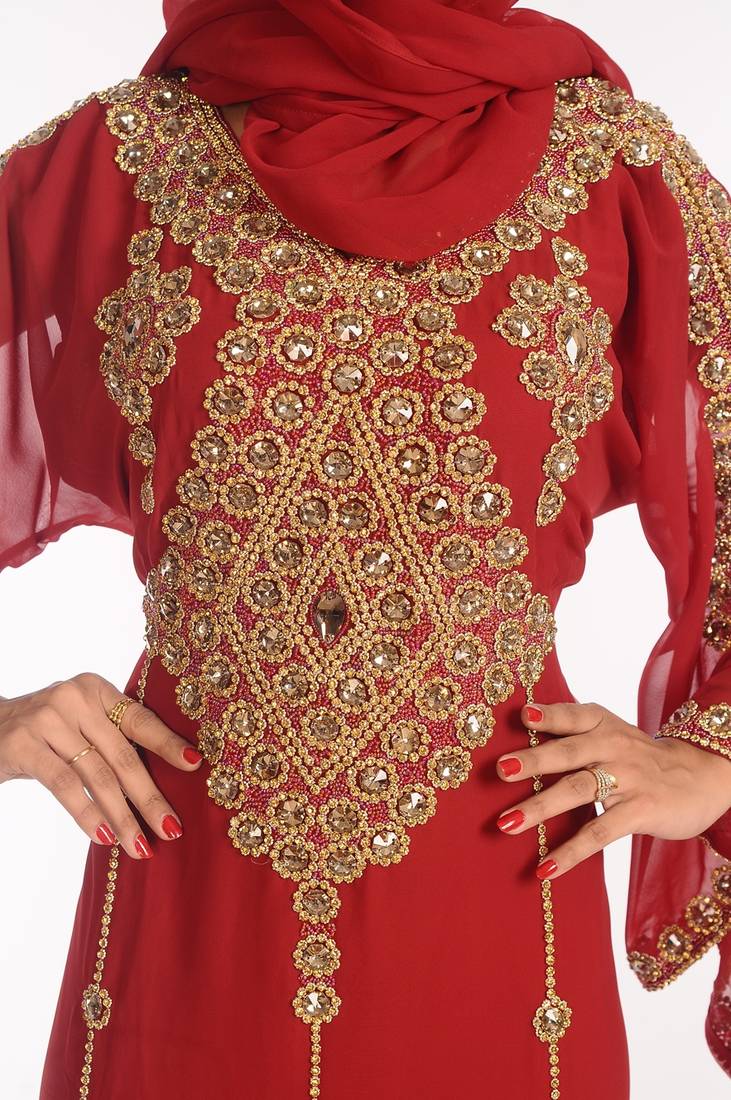 Maroon Georgette Hand Woven Stitched Islamic Kaftans