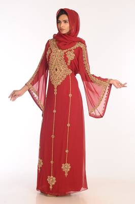 Maroon Georgette Hand Woven Stitched Islamic Kaftans 4