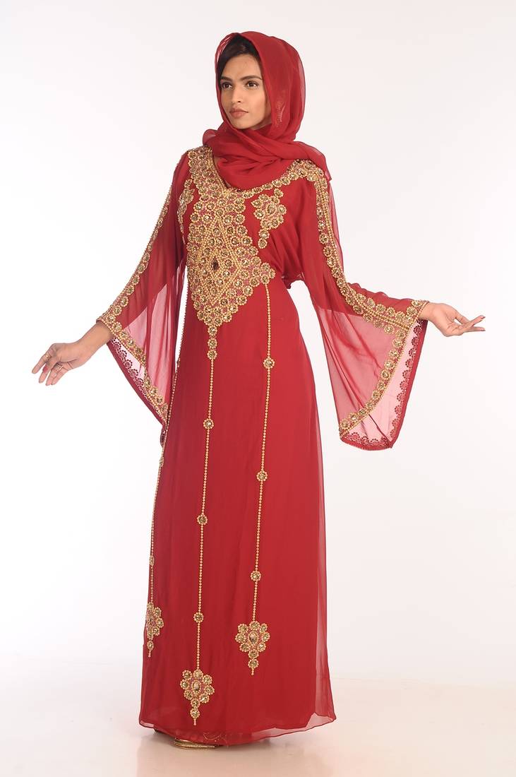 Maroon Georgette Hand Woven Stitched Islamic Kaftans