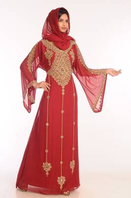 Maroon Georgette Hand Woven Stitched Islamic Kaftans 5