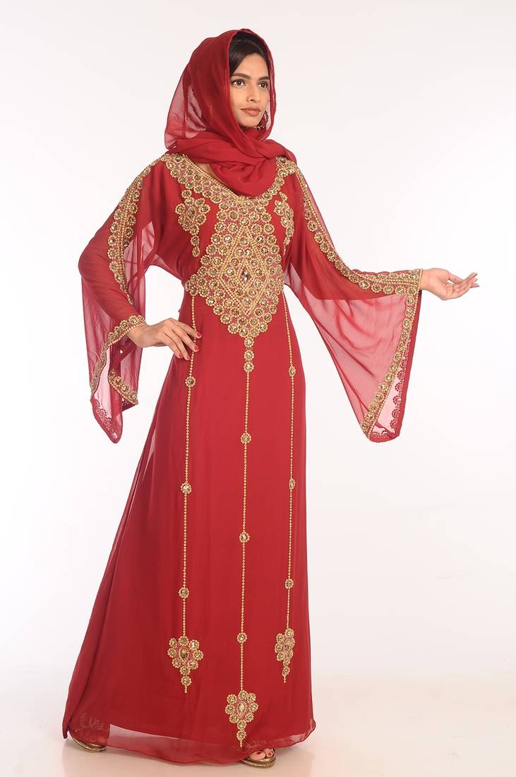 Maroon Georgette Hand Woven Stitched Islamic Kaftans