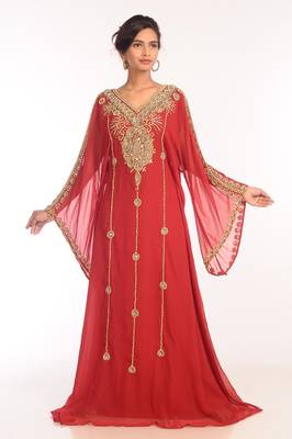Maroon Georgette Hand Woven Stitched Islamic Kaftans 1