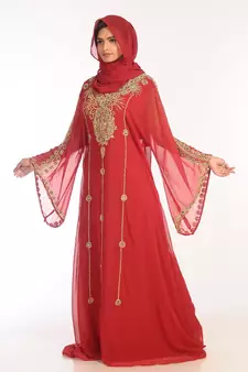 Maroon Georgette Hand Woven Stitched Islamic Kaftans