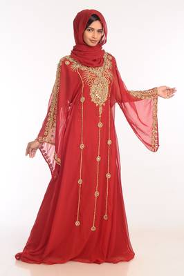 Maroon Georgette Hand Woven Stitched Islamic Kaftans 4
