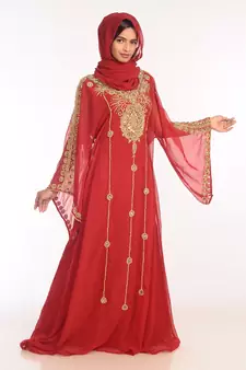 Maroon Georgette Hand Woven Stitched Islamic Kaftans