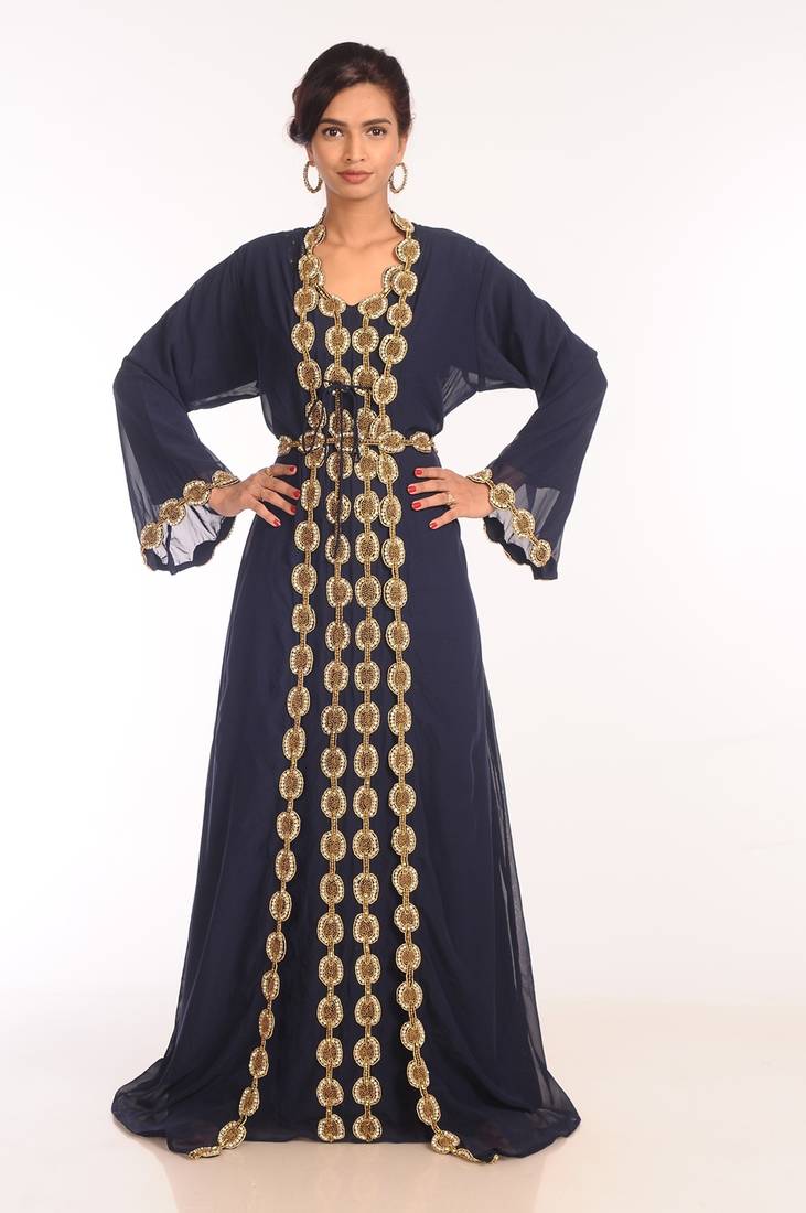 Navy Blue Georgette Hand Woven Stitched Islamic Kaftans