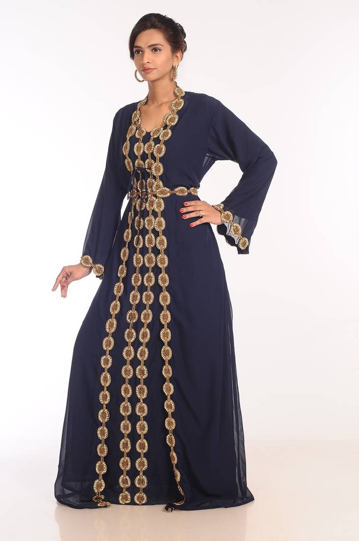 Navy Blue Georgette Hand Woven Stitched Islamic Kaftans