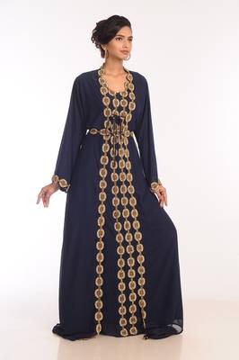 Navy Blue Georgette Hand Woven Stitched Islamic Kaftans 5