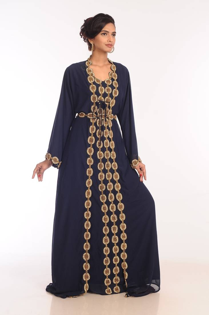 Navy Blue Georgette Hand Woven Stitched Islamic Kaftans