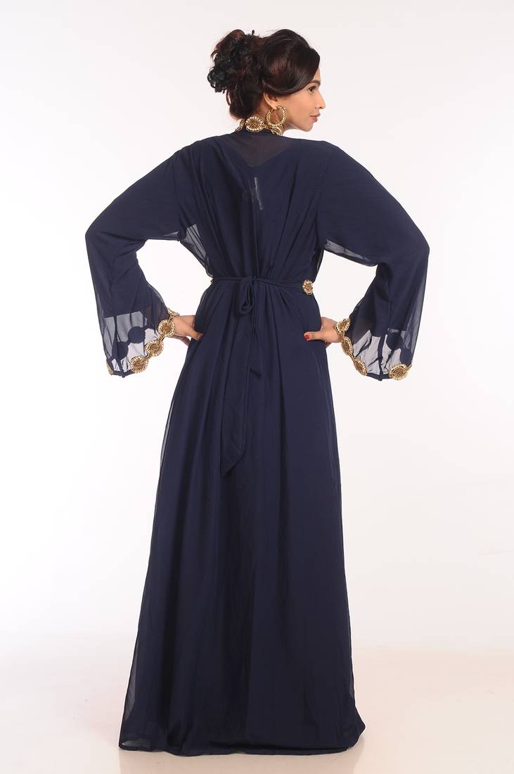Navy Blue Georgette Hand Woven Stitched Islamic Kaftans