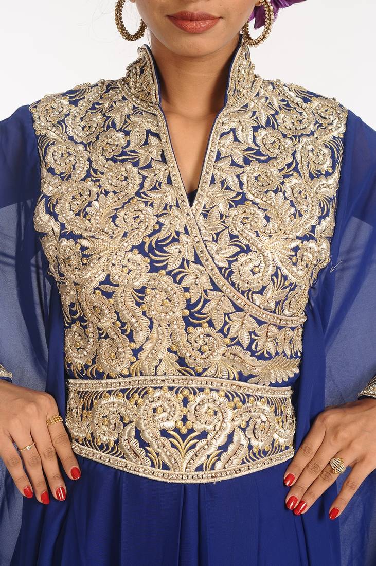 Navy Blue Georgette Hand Woven Stitched Islamic Kaftans
