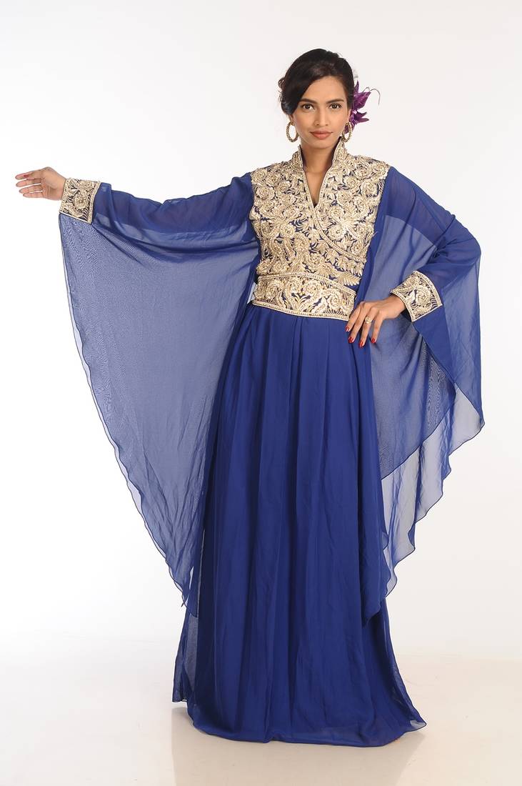 Navy Blue Georgette Hand Woven Stitched Islamic Kaftans