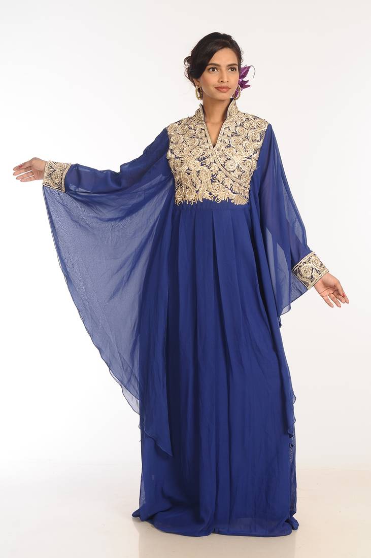 Navy Blue Georgette Hand Woven Stitched Islamic Kaftans