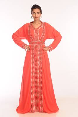 Tomato Georgette Hand Woven Stitched Islamic Kaftans 1