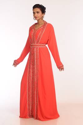 Tomato Georgette Hand Woven Stitched Islamic Kaftans 3